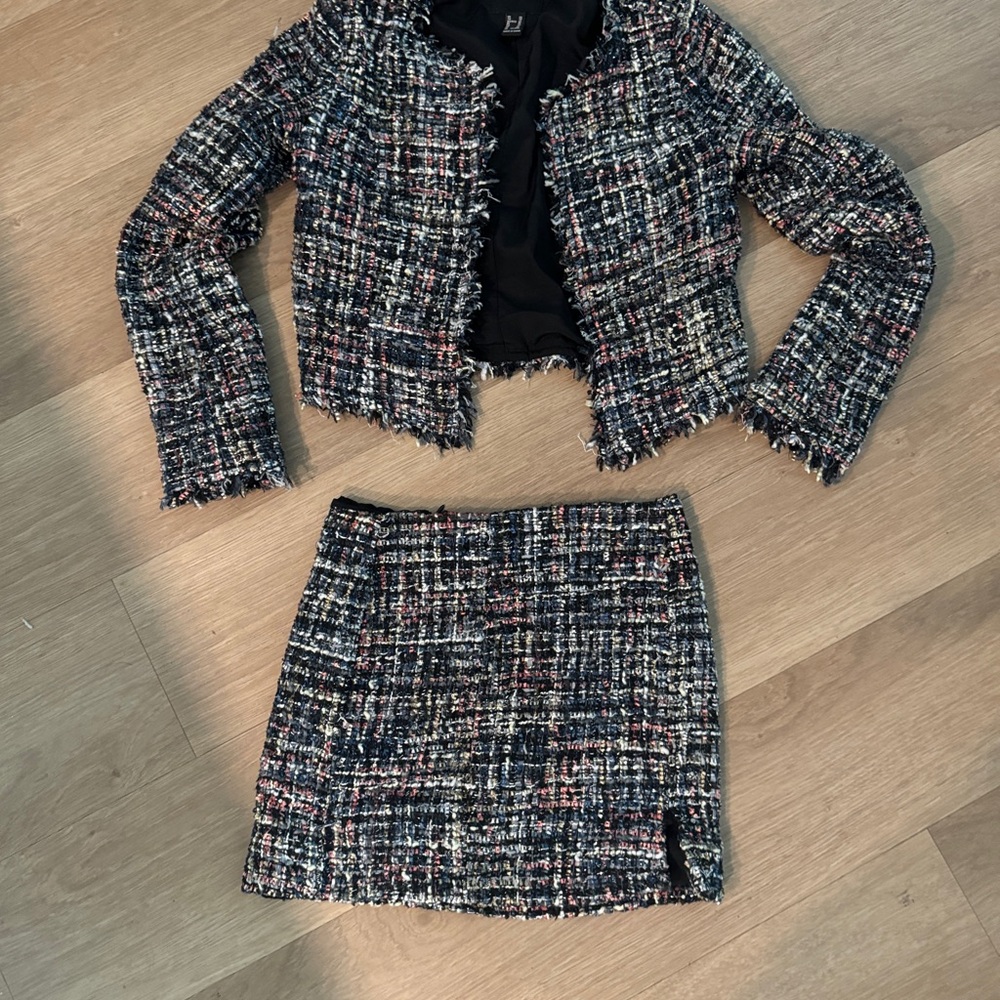 Forever 21 Black Multi Tweed Mini Skirt Set - Two-Piece Cropped Jacket & Skirt